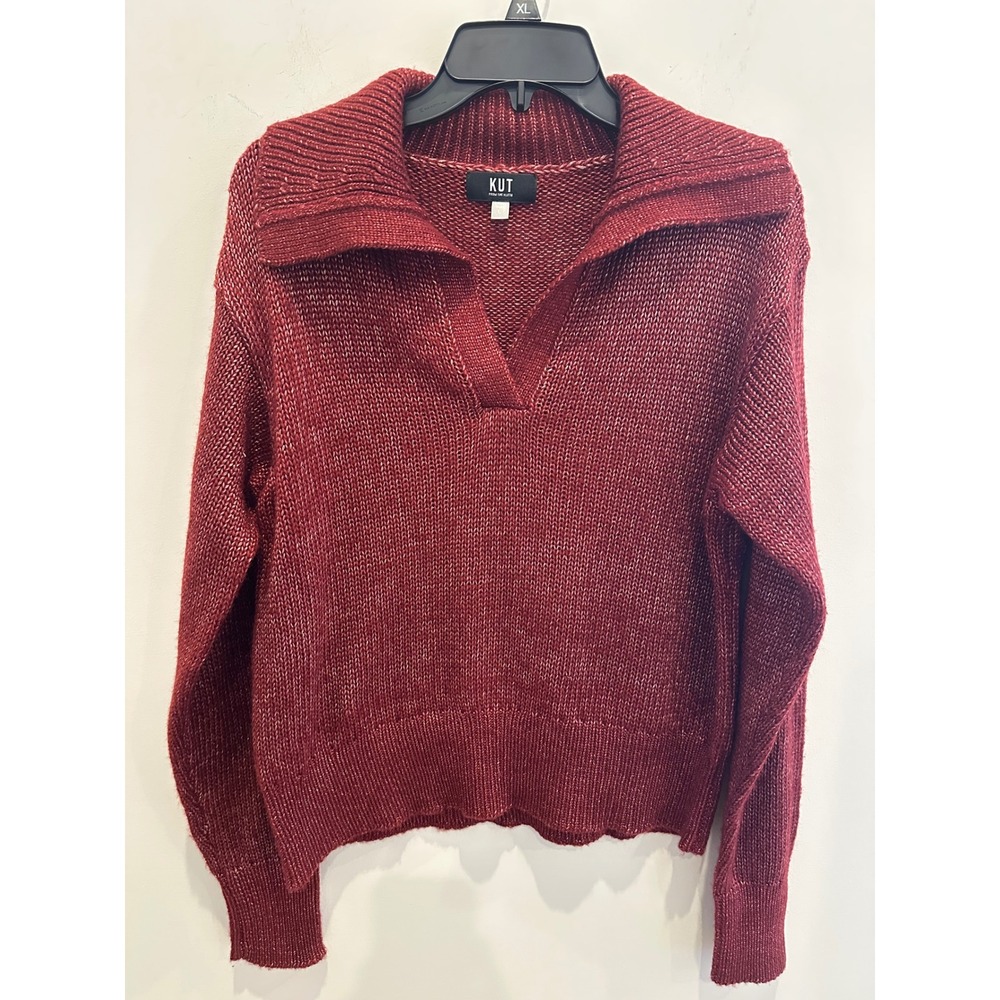 KUT from the Kloth Womens Burgundy Marl Knit Spread Collar V-Neck Sweater Large